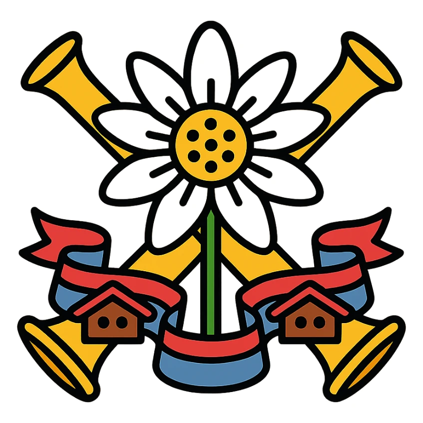 two crossed alpine horns behind an edelweiss, with folkloric ribbons and small chalet motifs, colorful icon style, kitsch and mountainous atmosphere sticker