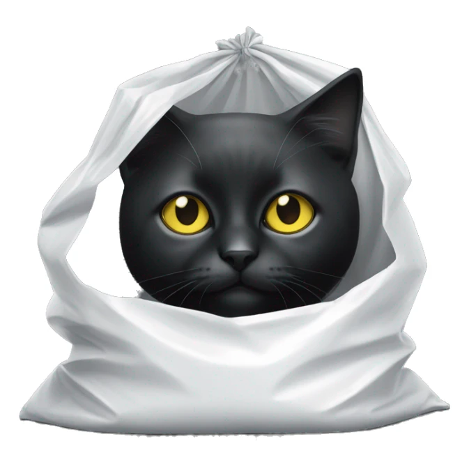 A little black and white cat in a white plastic bag. The cat is mostly black except for white on her nose and paws. The cat has yellow eyes  sticker