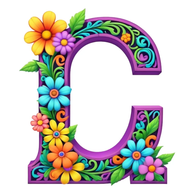 3D, gothic style psychedelic colored Letter C with hippie style flower border sticker