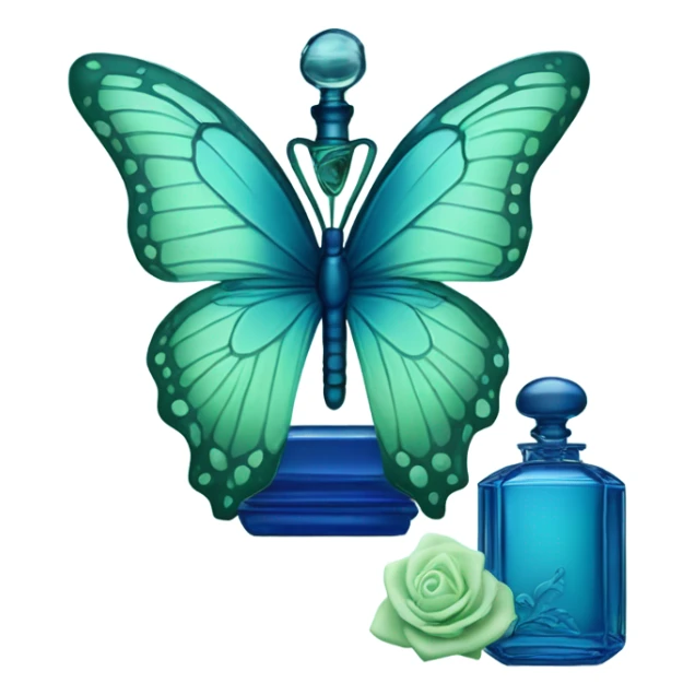  pastel green butterfly resting on an elegant blue perfume bottle with fork dark blue details. sticker