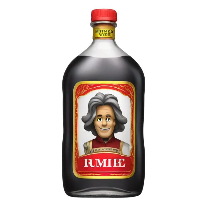 Tall clear alcohol bottle of “Rumple Minze” alcohol with black and red label sticker