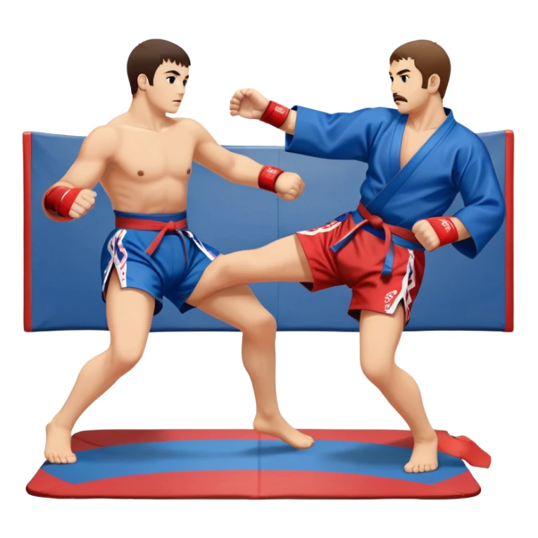An icon symbolizing Sambo, featuring two fighters in blue and red kimonos with shorts. One executes a powerful throw, while the other attempts a defensive grab. The fighters are engaged in a grapple, using joint locks and sweeps. The background features a wrestling mat, highlighting the technical aspect of the sport. Transparent background. sticker