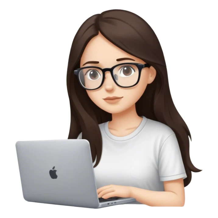chica blanca con pelo castaño oscuro largo un poco debajo de los hombros, con camiseta bonita, con gafas de vista, y que se vea trabajando con un portatil sin logo  sticker