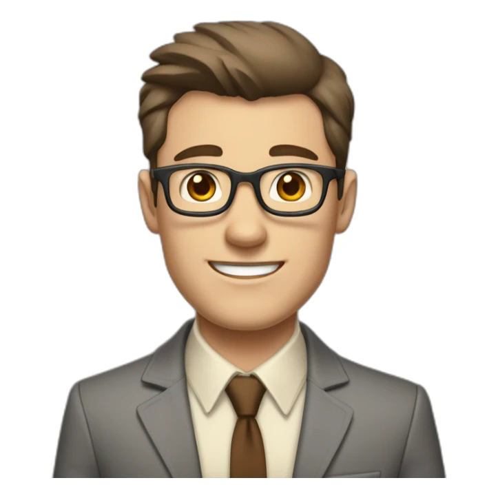 To belt Actively gesturing with hands Pale skinned fit man with dark brown hair in gray jacket, beige office shirt, brown tie, brown pants and vintage glasses. sticker