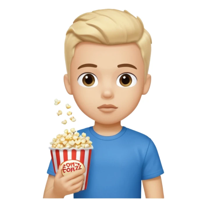 generate a pretty fair bratz boy with a blue tshirt on. eating popcorn sticker
