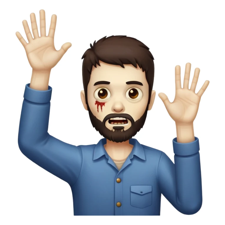 zombie with hands raised in celebration, dark brown hair and short full beard sticker