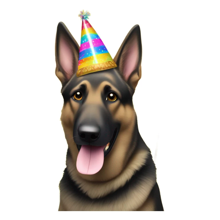 Blonde and black German shepherd with a party hat and a sign that says Happy Birthday To Me sticker