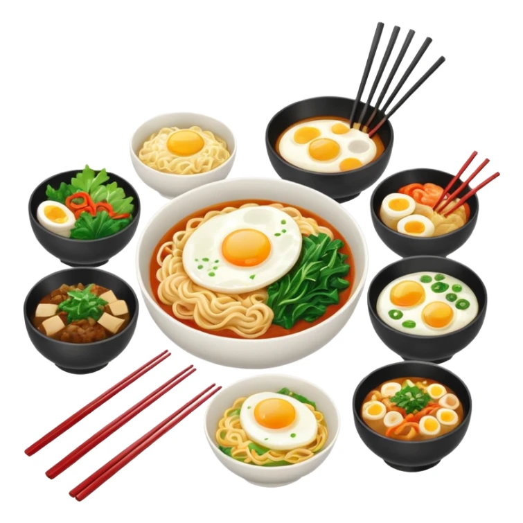 Korean food set including noodles, egg, greens, and side dishes, clean and simple sticker