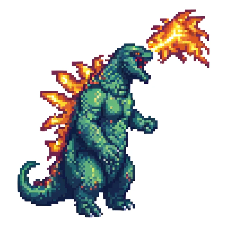 Godzilla in pixel art style, breathing fire, retro video game look sticker