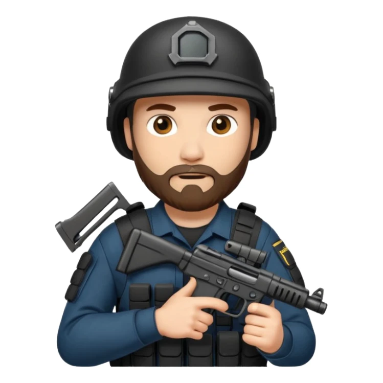 SWAT member with white skin and brown beard and gun sticker