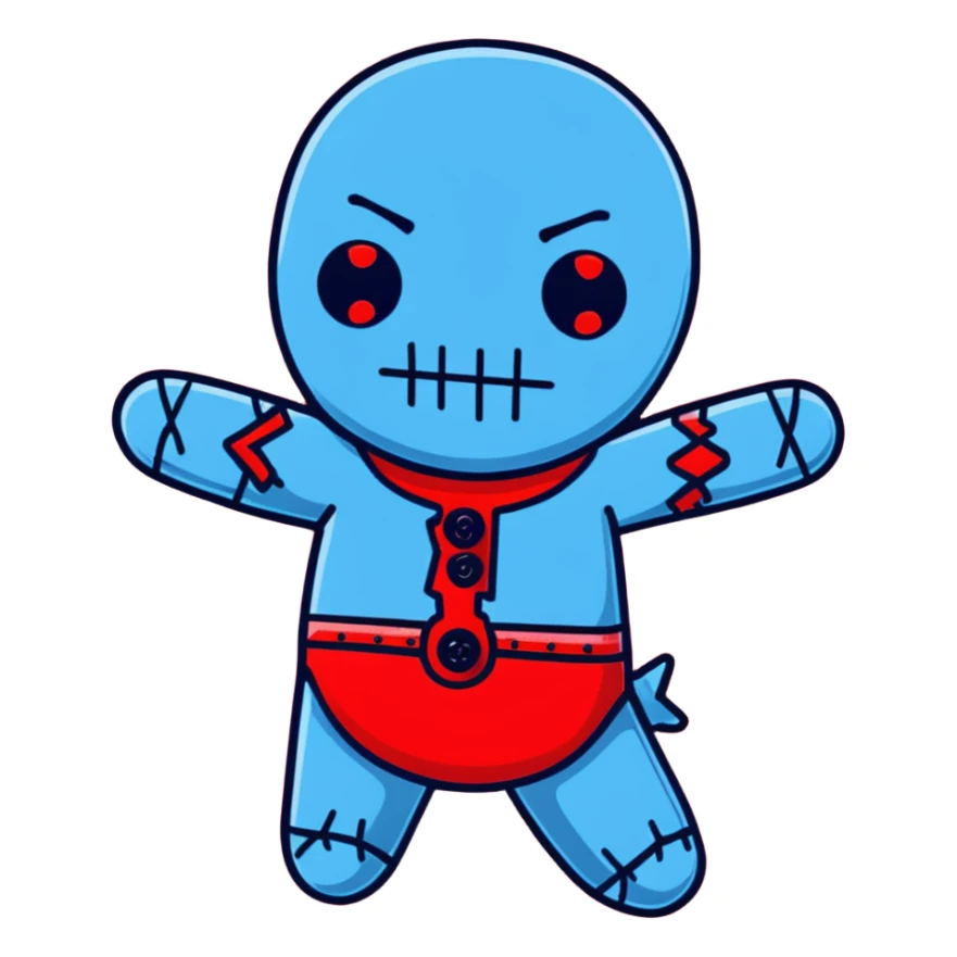 A Carolina blue voodoo doll with red stitching and buttons for eyes, with several pins stuck in it sticker