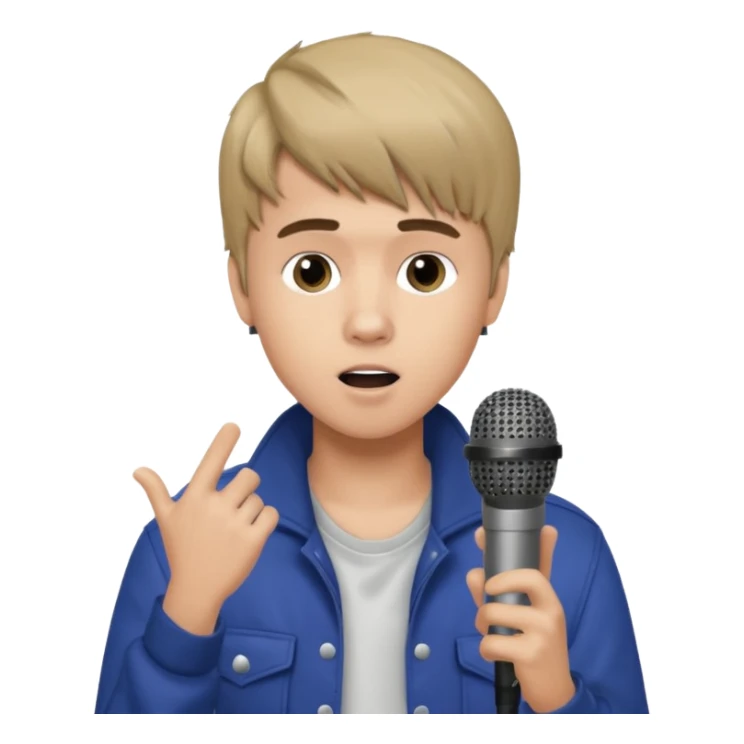 Justin Bieber, around 16, casual clothes, singing into mic sticker
