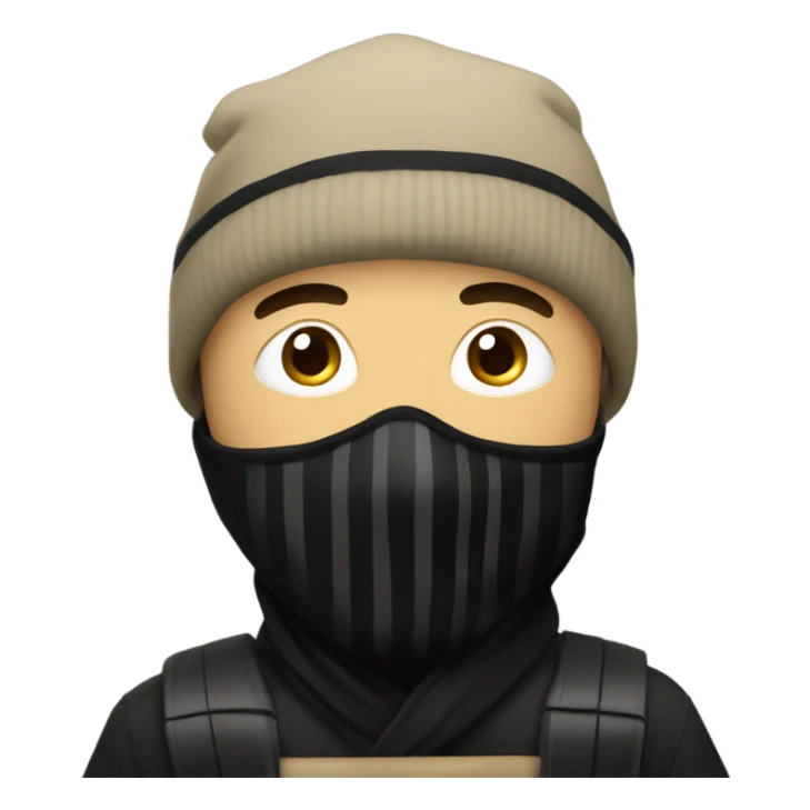 Man wearing a black beanie, white and black horizontal lines, and black mask, holding a khaki sack over his shoulder  sticker