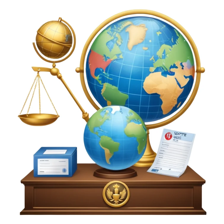 An icon featuring a podium with a speaker, a ballot box with a voting slip, and a globe, symbolizing political science. The design includes scales of justice and a world map in the background, representing governance and global politics. Transparent background highlights political analysis. sticker
