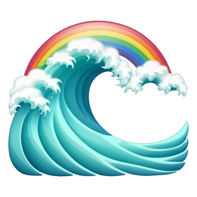 An ocean wave emoji with a rainbow emerging above it, representing peace and positivity after a storm. Minimal, glossy emoji design, vibrant yet calm color scheme. sticker