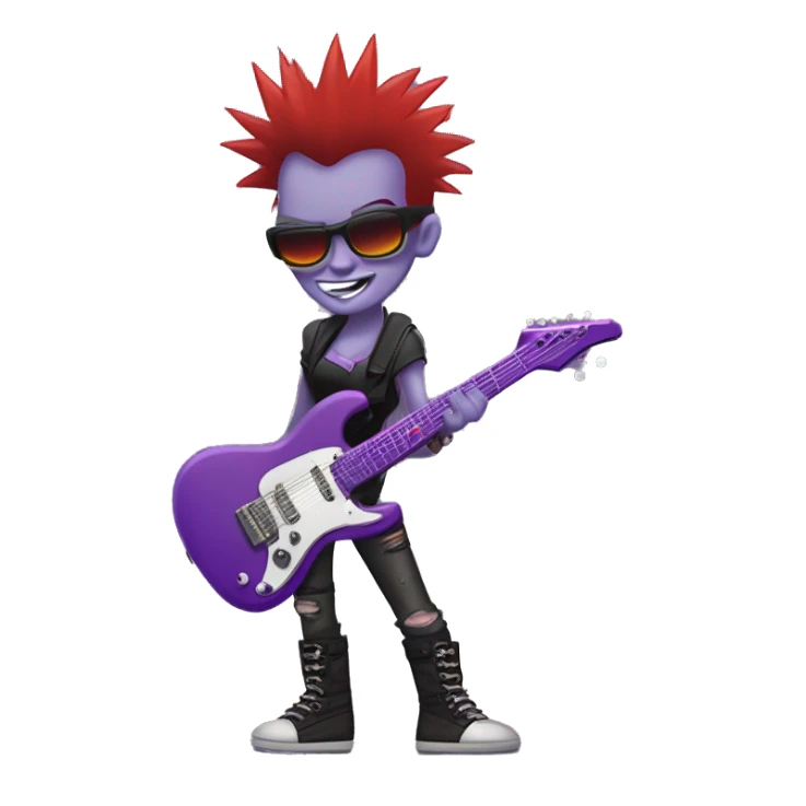 "Purple-skinned punk rock character with red mohawk hair, a mischievous grin, and edgy style. Holding a spiky electric guitar, wearing leather cuffs, ripped clothes, and fishnet stockings. Background is simple or transparent." sticker