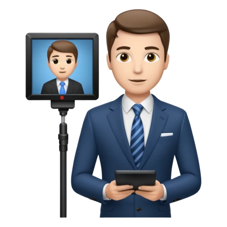 a male news anchor sits sideways, with a screen with a prompter in front of him sticker