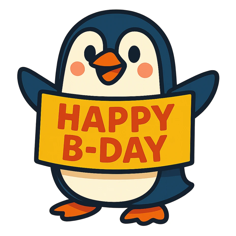 smiling penguin holding 'Happy B-Day' banner, vibrant-toon style sticker