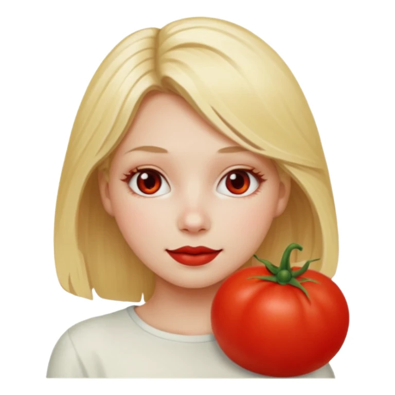 blonde girl, with a red face shaped as a tomato sticker