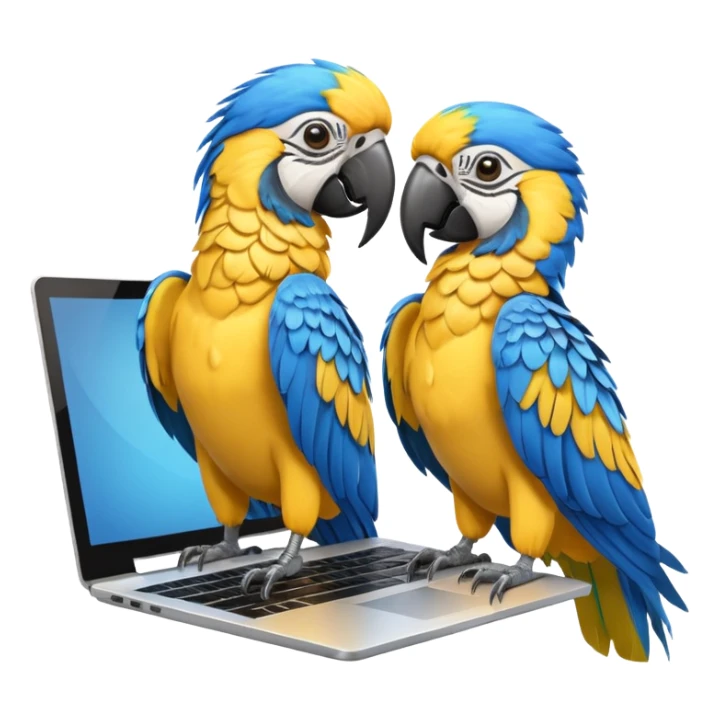 Two yellow and blue macaws using a laptop sticker