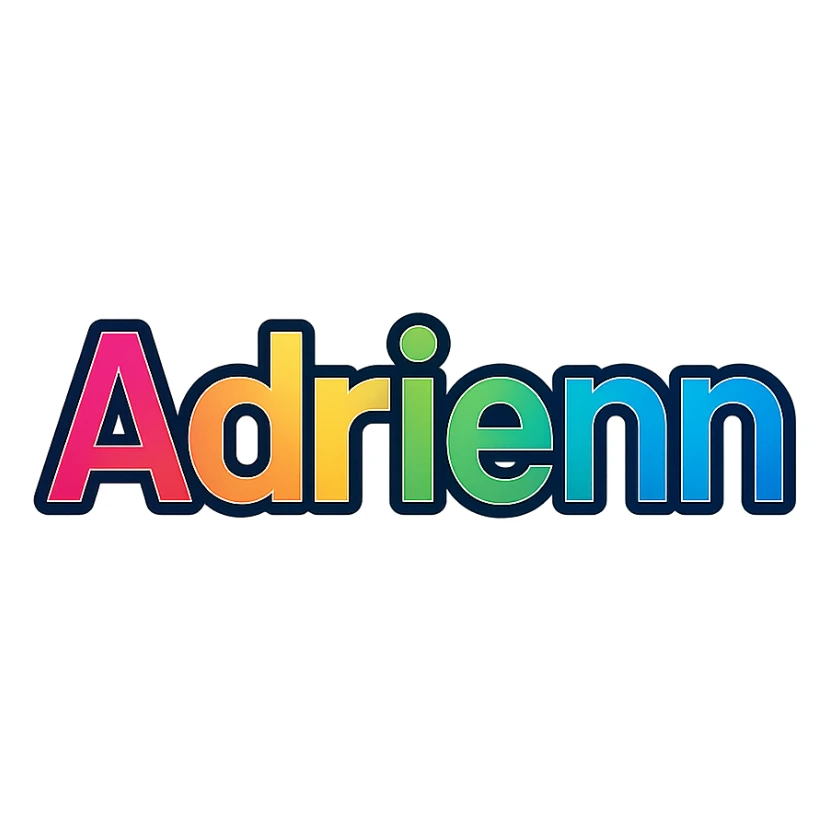 Adrienn name in colorful gradient modern font with dark outline, transparent background, in the style of sample images sticker