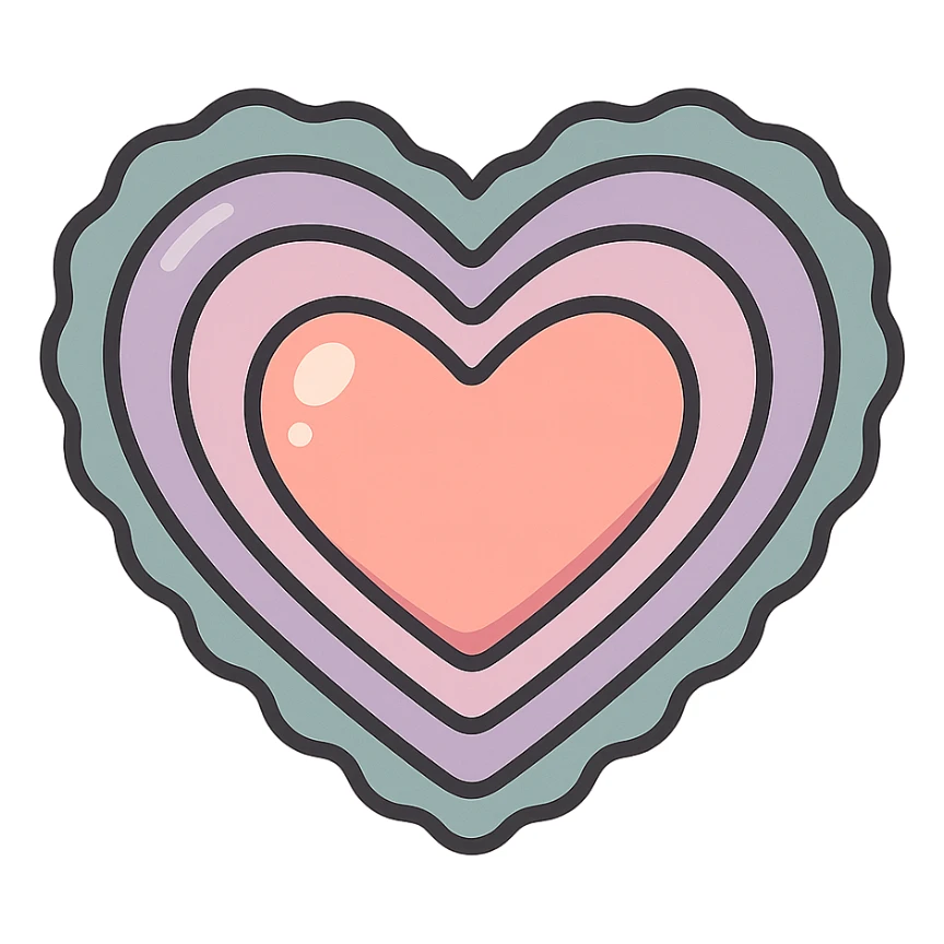 heart with wavy edges, icon-color-outlined style, detailed shadows and highlights, thin clean contours, soft rounded shapes, pastel palette #98B5BC, #B5B3C1, #C9A3C9, #E4C0CA, #F7DCD1, #F7C0AA, modern Japanese pop art and sticker aesthetic, soft lighting, transparent background sticker