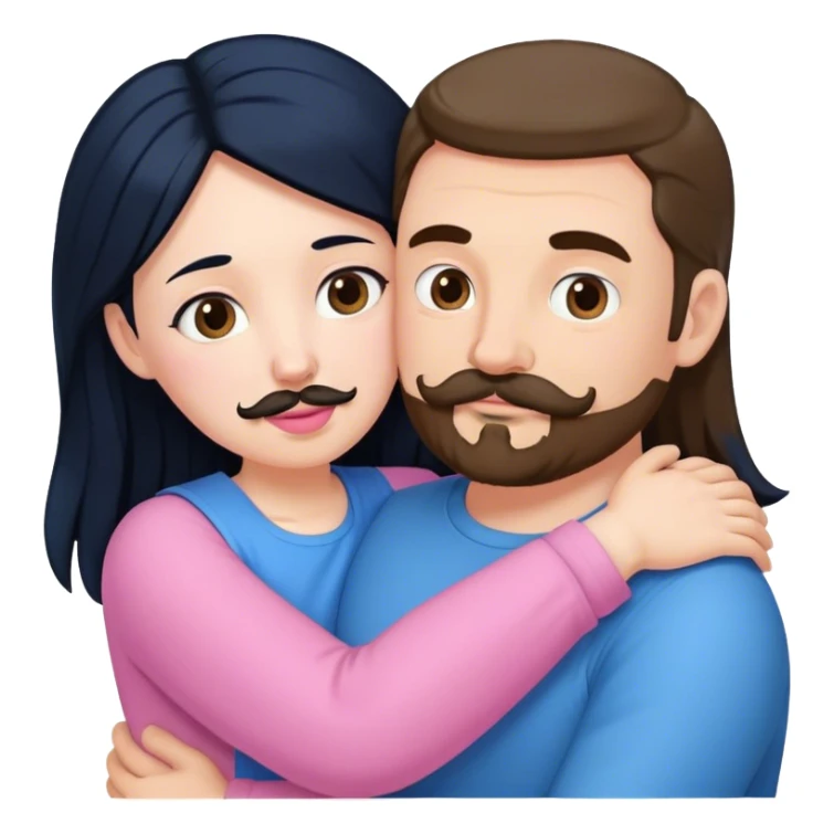 Tall white man with brown mustache goatee wearing blue hugging a chubby short pale woman with long black hair wearing pink sticker