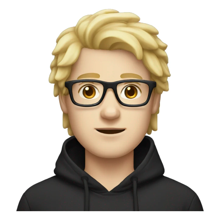 guy with white skin, puffy face, rectangle glasses and blonde hair with brown eyes, wearing a black hoodie sticker
