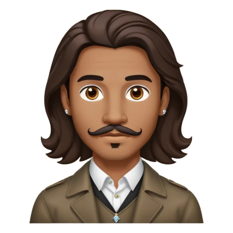 Young man with medium brown skin, mixed-race ethnicity, long wavy dark brown hair with an EXTREMELY PRECISE CENTER PART exactly aligned with the middle of the face, hair parted perfectly symmetrically on both sides, mustache separated from goatee, medium brown eyes, small diamond stud earrings, head only sticker