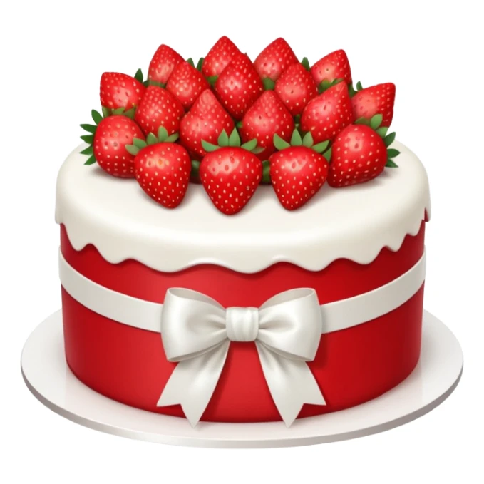White birthday cake with all strawberries in the front and a white bow  sticker