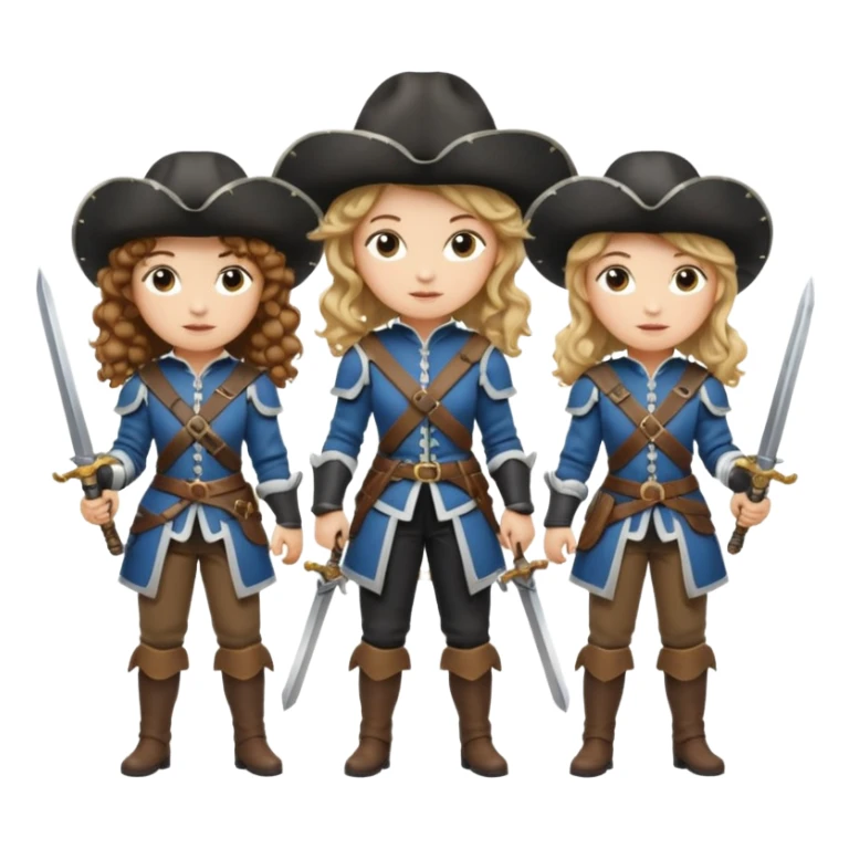 Three female musketeers ome with brown curly hair, one with blond one with blond in pony tail sticker