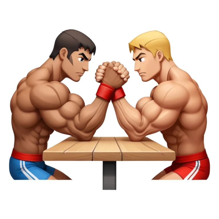 Two powerful arms locked in an intense arm wrestling competition. One arm is strong and steady, while the other strains to push back. The background shows a simple table with a focus on the clash of strength and determination. Transparent background. sticker