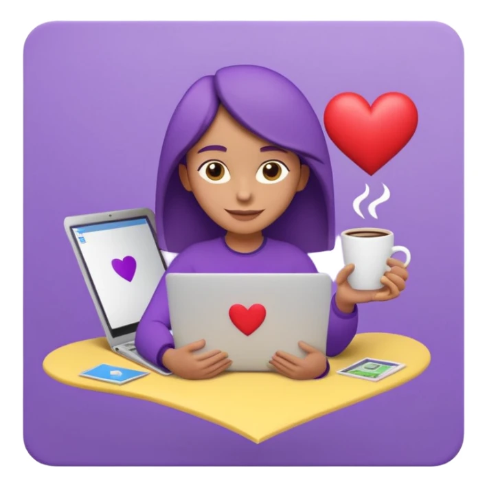 3D clay character relaxed with laptop and coffee, floating icons (envelope, heart, dollar), purple (#8B5CF6) outfit, bright yellow (#FBBF24) icons, white laptop, Pixar style, transparent background sticker