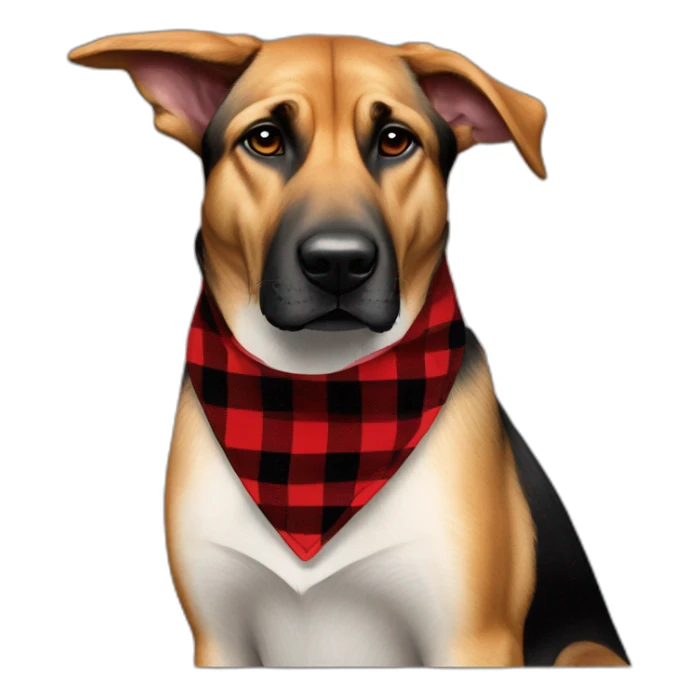 75% Coonhound 25% German Shepherd mix dog wearing small pointed red buffalo plaid bandana pointing down side view full body facing left sticker