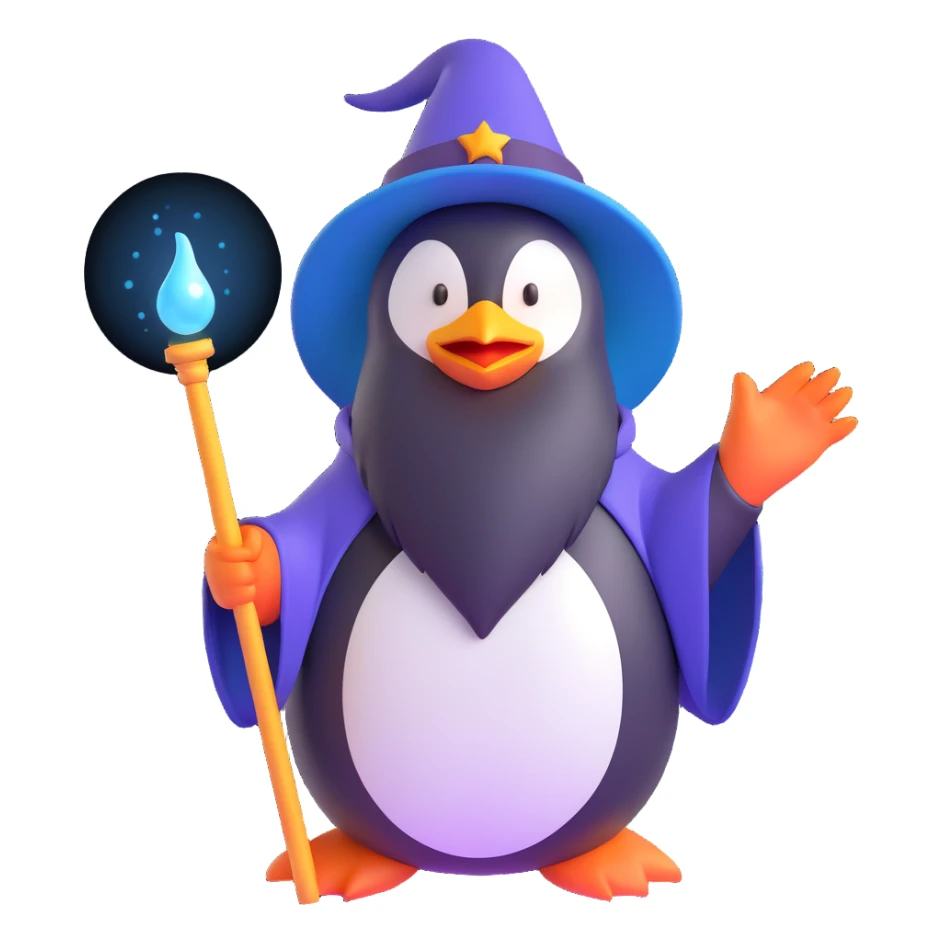 enchanting penguin wizard with a long beard and mystical aura sticker