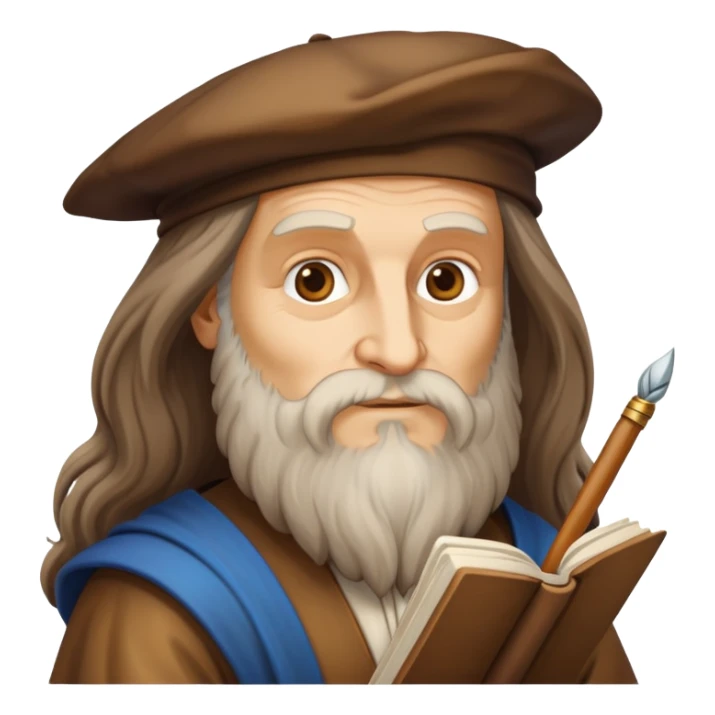 cinematic-realistic-leonardo-da-vinci-portrait-emoji,-depicted-as-the-quintessential-renaissance-polymath-with-deep,-thoughtful-eyes,-a-flowing-beard,-and-a-quill-or-sketchbook-in-hand.-the-scene-is-illuminated-with-warm,-classical-light sticker