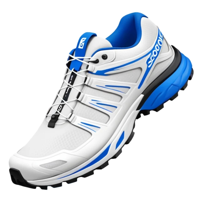Minimalist white Salomon XT-6 shoes with only a blue colored line running through the middle, one shoe positioned behind the other, pure white everywhere else, iOS emoji style sticker