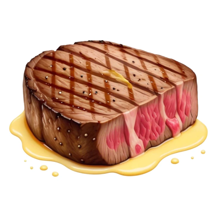 Cinematic thick-cut steak, perfectly seared with grill marks, a juicy pink center, butter melting on top, rich and savory, warm glow, sizzling and mouthwatering, highly detailed and appetizing. sticker