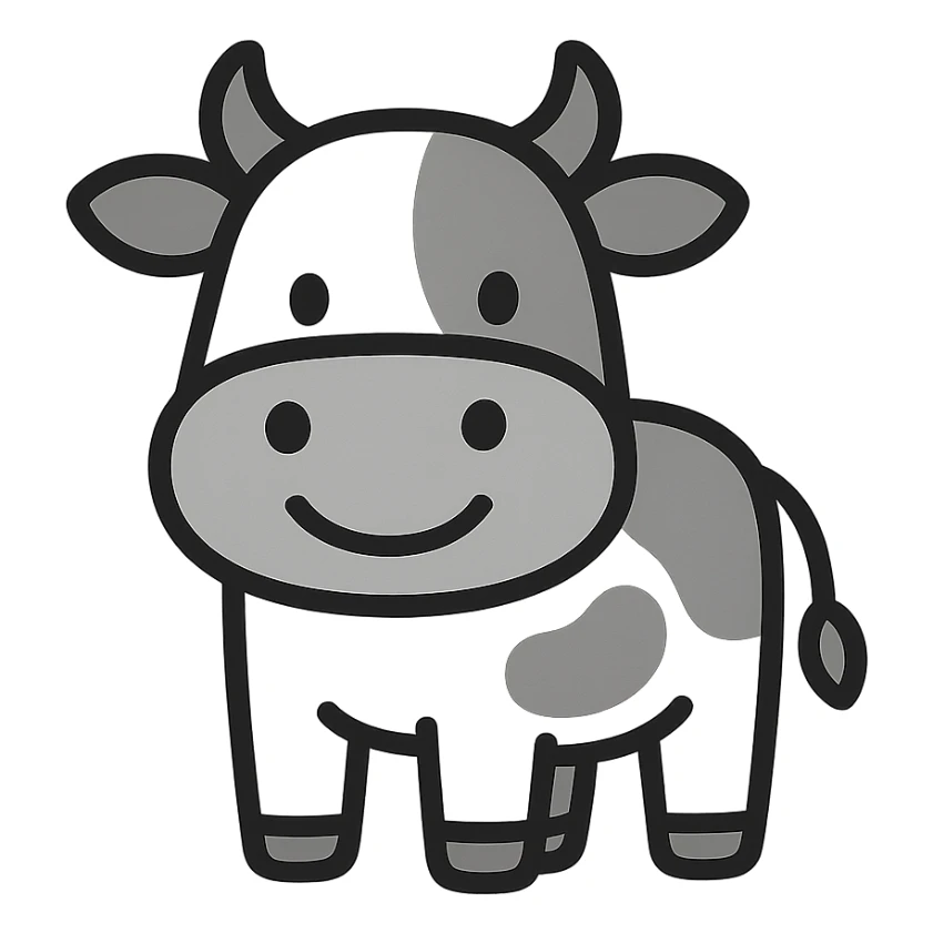 smiling cow, 2d flat monotone, icon style, very simplified, strong silhouette sticker