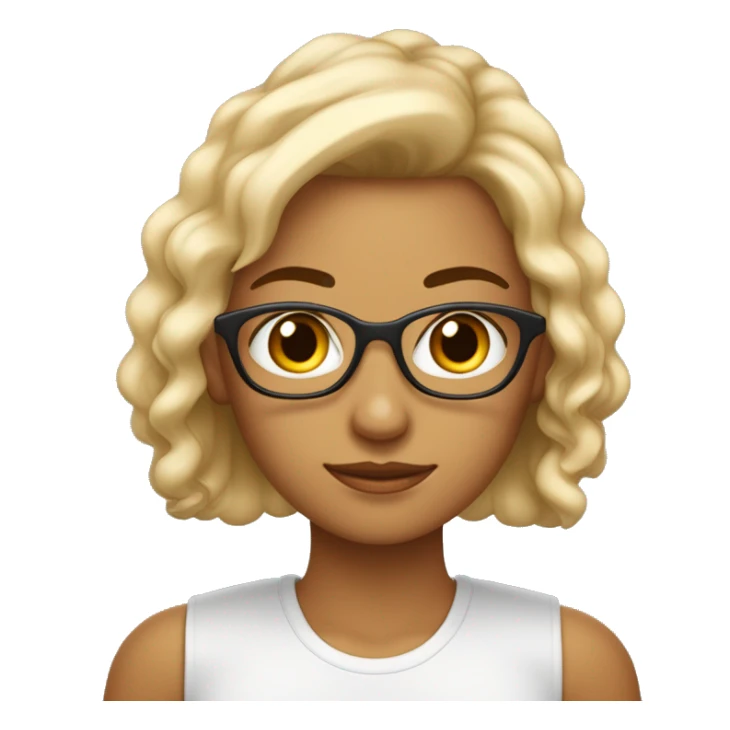 Mulher de pele branca, olhos cor de mel e cabelos cacheados de cor castanho claro, usando óculos dourado sticker