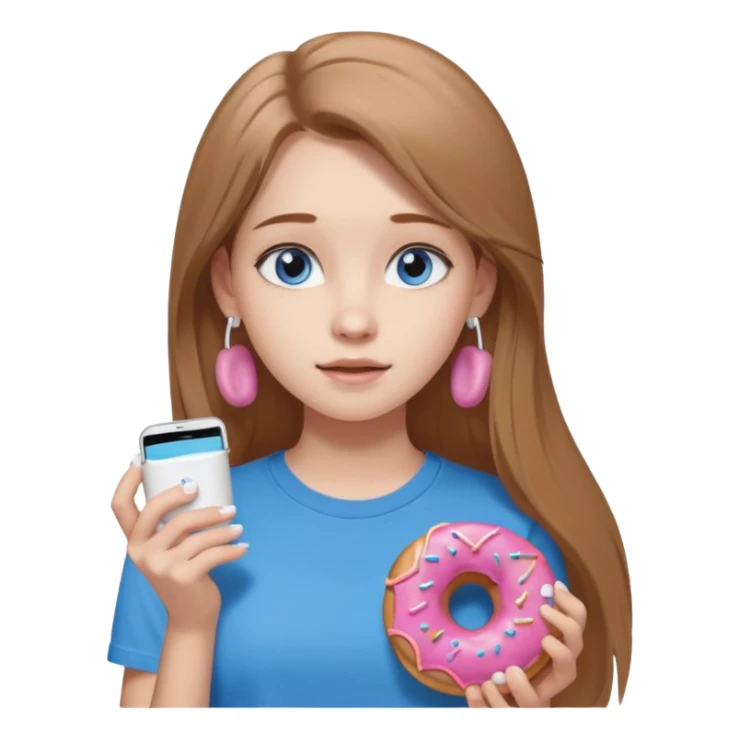 una ragazza dall‘ età di 19 anni con capelli castani chiaro lunghi e lisci ,  occhi celesti,  con addosso una maglietta con una ciambella e le cuffie airpods (bianche) ascoltando violetta sticker