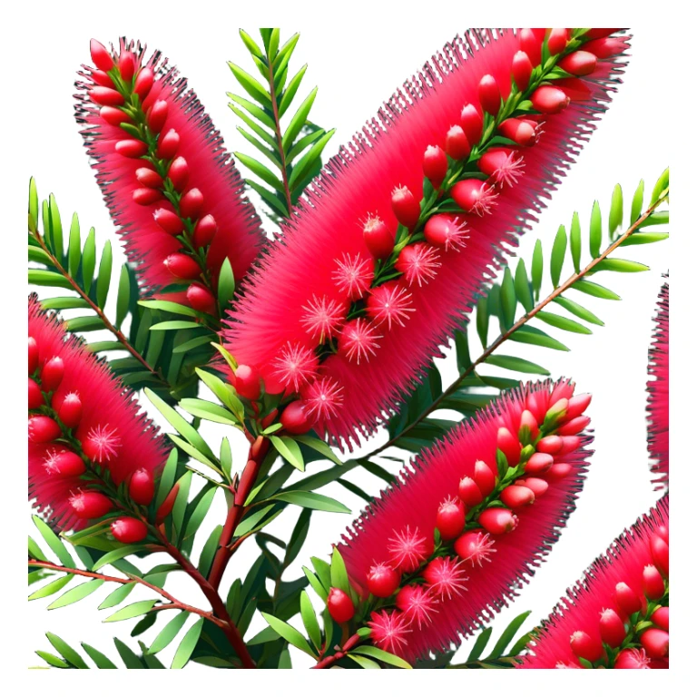 Cinematic Realistic Callistemon Emoji, Vibrant and striking, with spiky red flowers resembling a bottlebrush. The slender leaves create a fine backdrop to the bold blooms, while the plant exudes energy and vitality. Soft glowing outline, capturing the essence of strength, color, and natural beauty in a brilliant callistemon tree! sticker