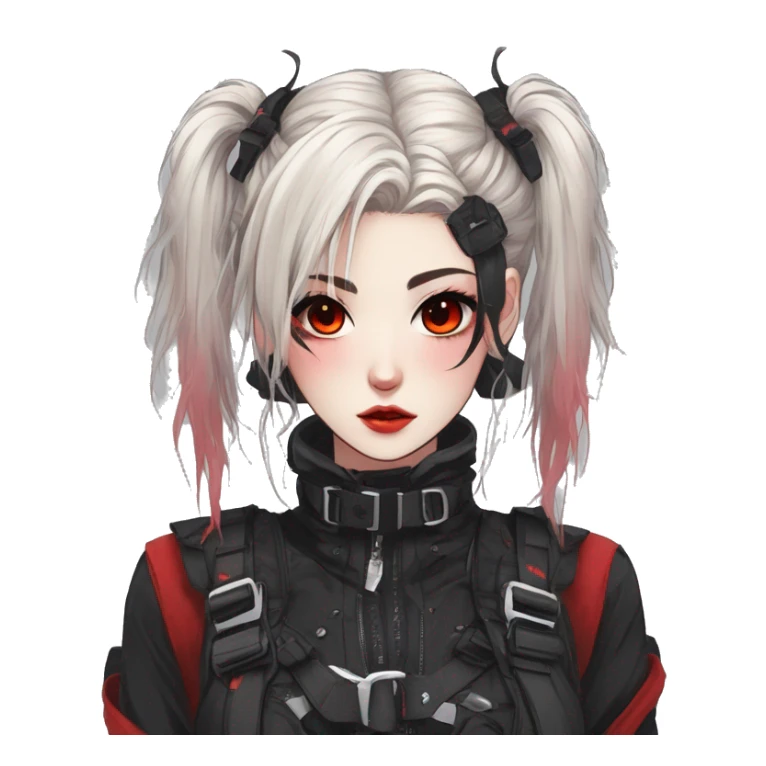 Gorgeous gothic techwear anime style lady with blushing face aesthetic and pretty edgy black red punk messy wild cute hair with collar and harness trending style sticker