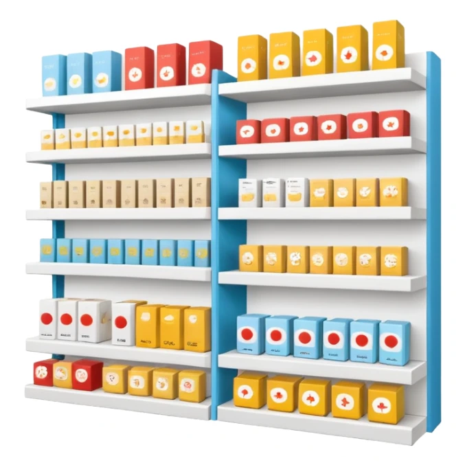 "Minimalist Japanese shelf display, identical products placed directly behind one another (same items stocked in depth), different product types arranged side by side, clean spacing, precise symmetry, soft neutral lighting, front-facing packages, ultra-detailed." sticker