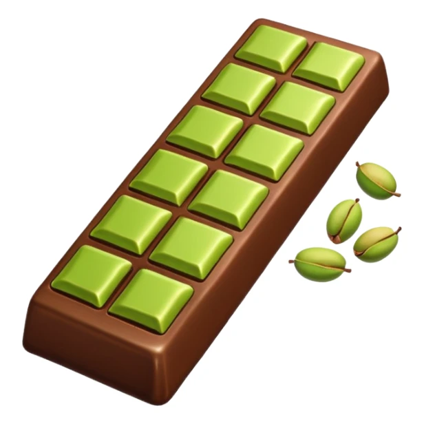 a half-eaten chocolate bar. chocolate filling - pistachio paste green sticker
