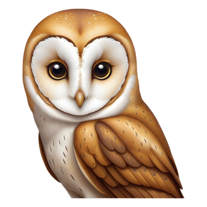 Cinematic Deep Thought Barn Owl Portrait Emoji, Head held high with a serene, contemplative gaze, showcasing its beautifully patterned plumage of white and brown, with eyes deeply focused as if pondering ancient secrets, Simplified yet majestically refined features, highly detailed, glowing with a soft, introspective light, high shine, poised and pensive, stylized with an air of profound wisdom, capturing the essence of an owl immersed in deep thought, so thoughtful it feels like it could silently whisper timeless wisdom from beyond the screen! sticker