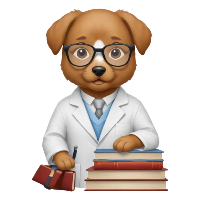 Wise dog with glasses, wearing a lab coat, perched on a stack of books. sticker