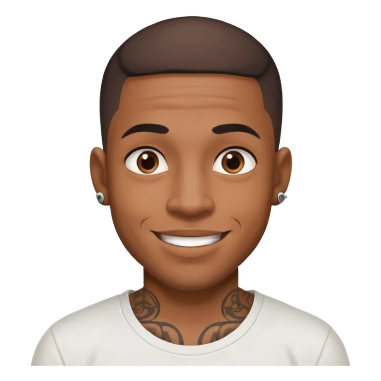 black man with small face tattoos, cheerful expression, wearing a t-shirt sticker