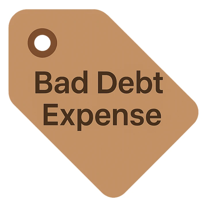 brown price tag icon with 'bad debt expense' in bold clear lettering sticker