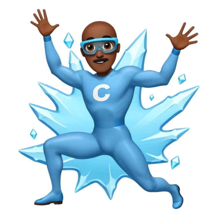 Frozone character in retro stickers style, dynamic pose, icy effects, bold outlines, vibrant colors he says "c'est carré dans l'axe" sticker